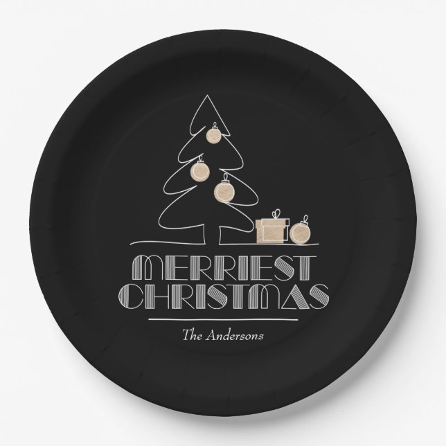 Merry Christmas Tree Black Paper Plate (Front)