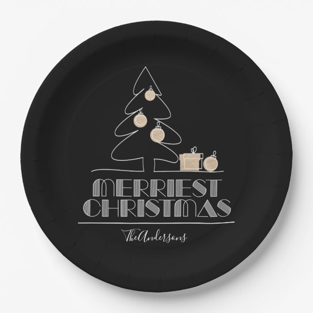 Merry Christmas Tree Black Paper Plate (Front)