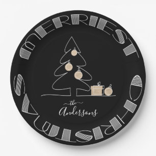 Merry Christmas Tree Black Paper Plate