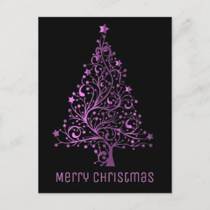 Merry Christmas Tree Black Pink Metallic Look Holiday Postcard