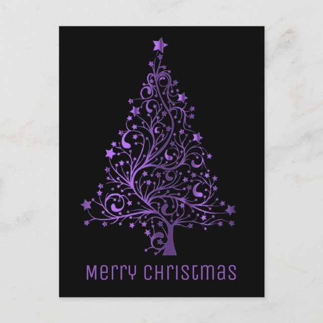 Merry Christmas Tree Black Purple Metallic Look Holiday Postcard (Front)