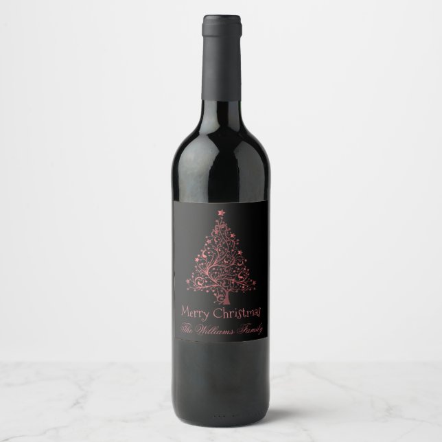 Merry Christmas Tree Black Red Elegant Wine Label (Front)