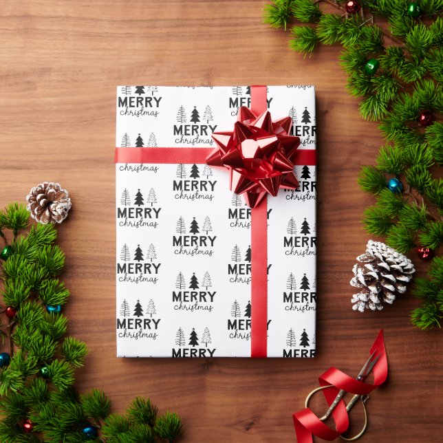 Merry Christmas Tree Black Wrapping Paper (Holiday Gift)