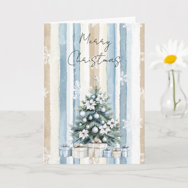 Merry Christmas Tree Blue Cream Floral Snowflakes Card (Small Plant)