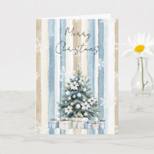 Merry Christmas Tree Blue Cream Floral Snowflakes Card