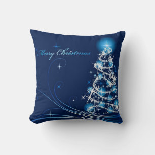 Merry Christmas Tree Blue Pillow