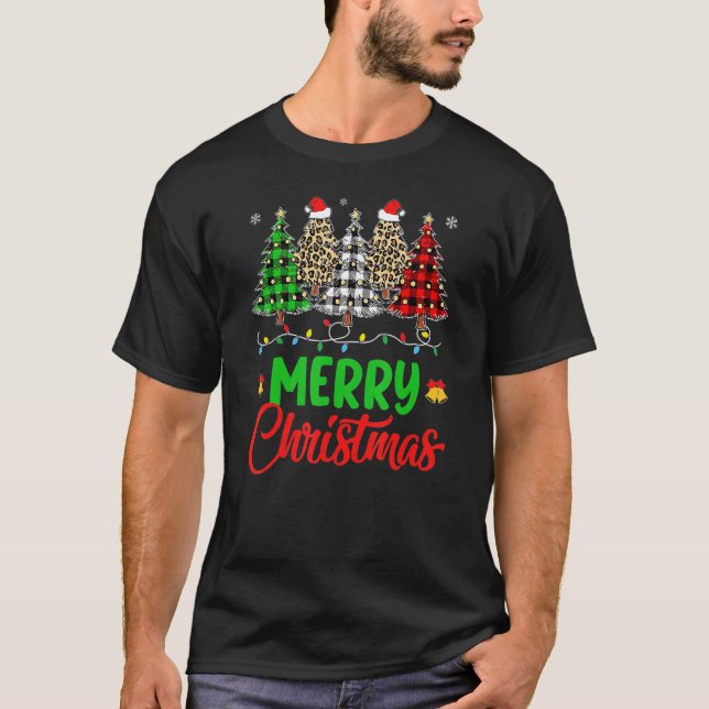 Merry Christmas Tree Buffalo Plaid Red Leopard Wom T-Shirt (Front)