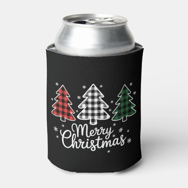 Merry Christmas Tree Buffalo Plaid Red White Green Can Cooler (Can Front)