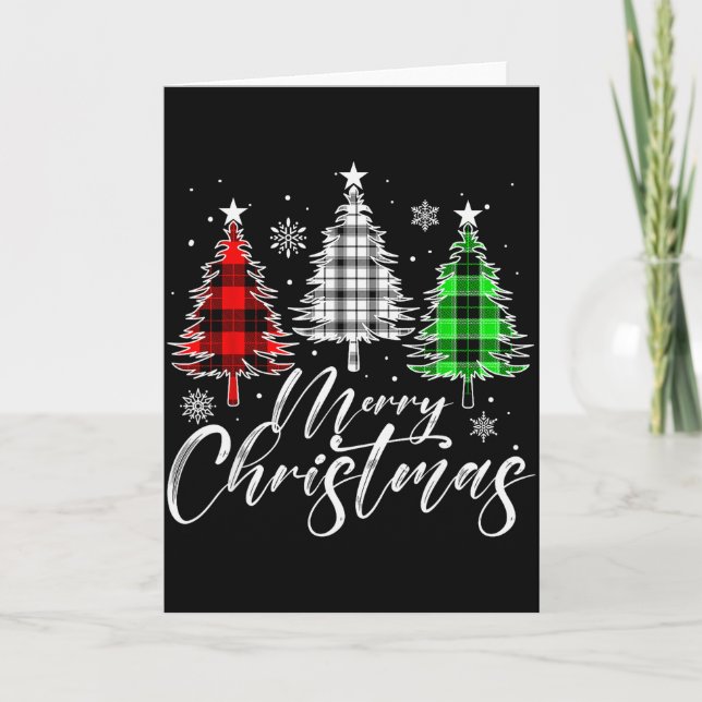 Merry Christmas Tree Buffalo Plaid Red White Green Card (Front)