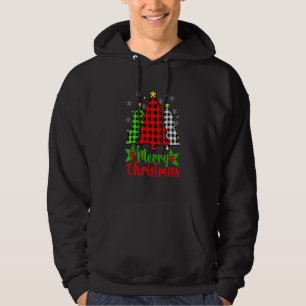 Merry Christmas Tree Buffalo Plaid Red White Green Hoodie