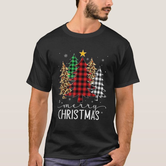 Merry Christmas Tree Buffalo Plaid Red White Green T-Shirt (Front)