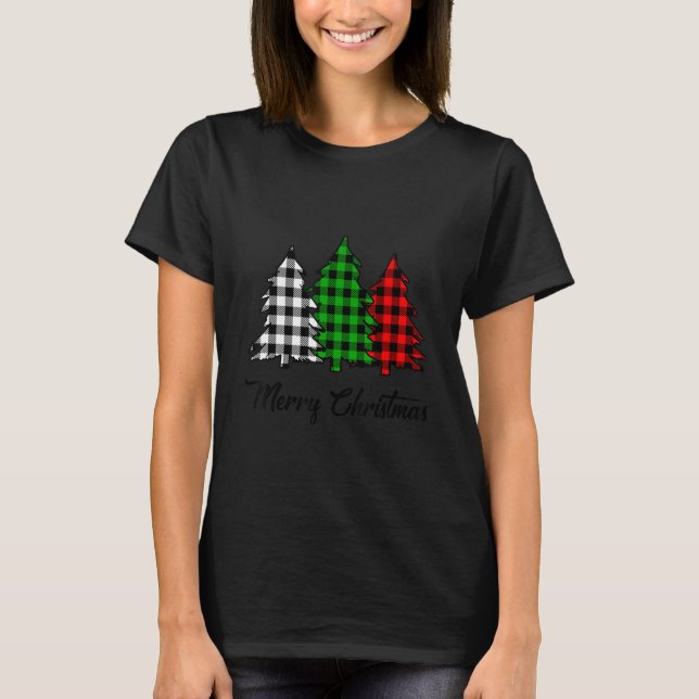 Merry Christmas Tree Buffalo Plaid Red White Green T-Shirt (Front)