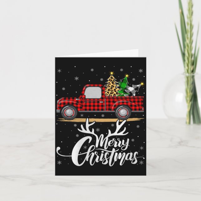 Merry Christmas Tree Buffalo Plaid Truck Family Gr Card (Front)