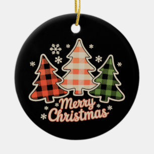 Merry Christmas Tree Buffalo Plaid Xmas Holiday Ceramic Tree Decoration