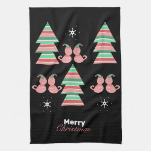 Merry Christmas Tree Cat Pattern Tea Towel