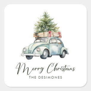 Merry Christmas Tree Classic Car Holiday Square Sticker