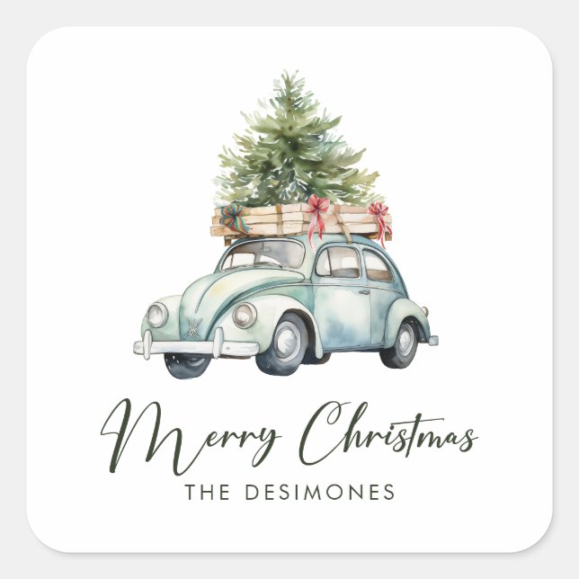 Merry Christmas Tree Classic Car Holiday Square Sticker (Front)