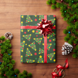 Merry Christmas Tree & Colourful Star Dark Seamles Wrapping Paper