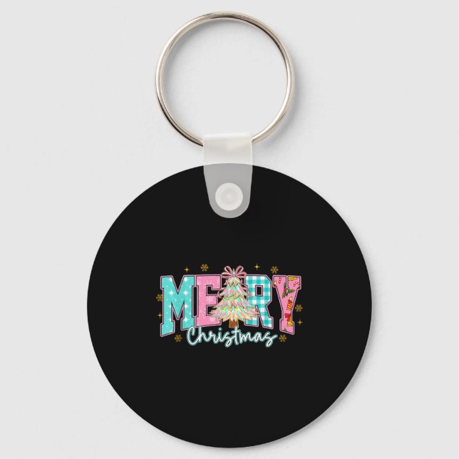 Merry Christmas Tree Coquette Bow Xmas Holiday Wom Key Ring (Front)
