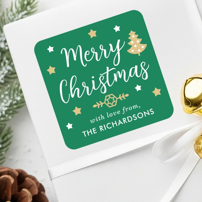 Merry Christmas Tree Custom Family Name Green Square Sticker (Creator Uploaded)