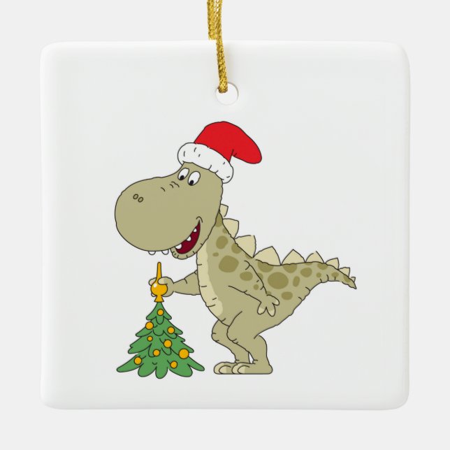 Merry Christmas Tree Cute Dinosaur Santa Hat Ceramic Ornament (Front)