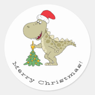 Merry Christmas Tree Cute Dinosaur Santa Hat Classic Round Sticker