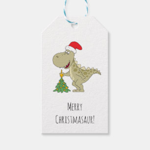 Merry Christmas Tree Cute Dinosaur Santa Hat Gift Tags
