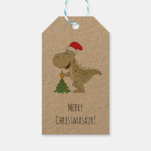 Merry Christmas Tree Cute Dinosaur Santa Hat Gift Tags