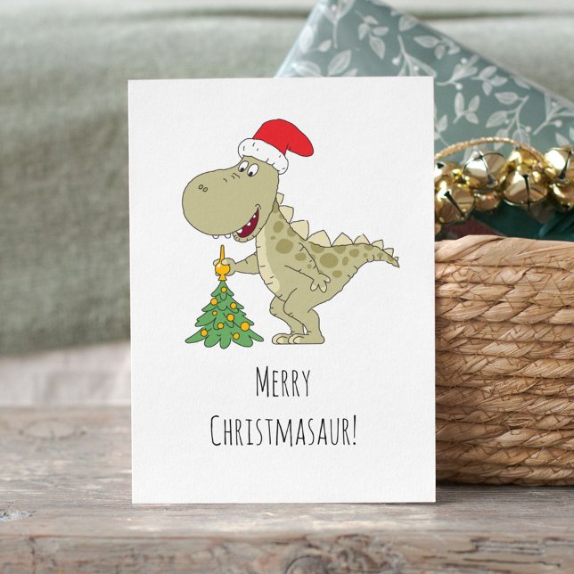 Merry Christmas Tree Cute Dinosaur Santa Hat Holiday Postcard (Creator Uploaded)
