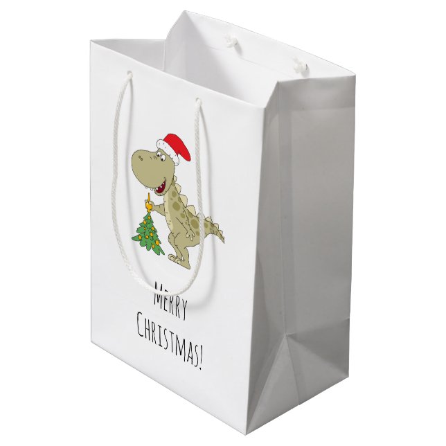 Merry Christmas Tree Cute Dinosaur Santa Hat Medium Gift Bag (Back Angled)
