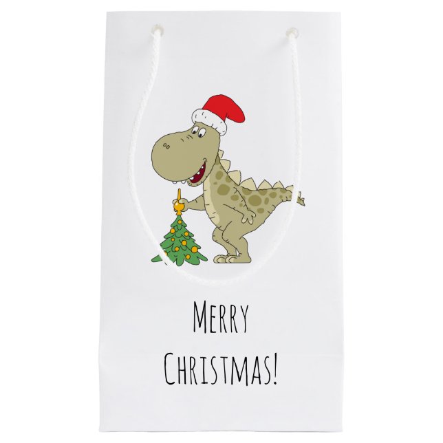 Merry Christmas Tree Cute Dinosaur Santa Hat Small Gift Bag (Front)