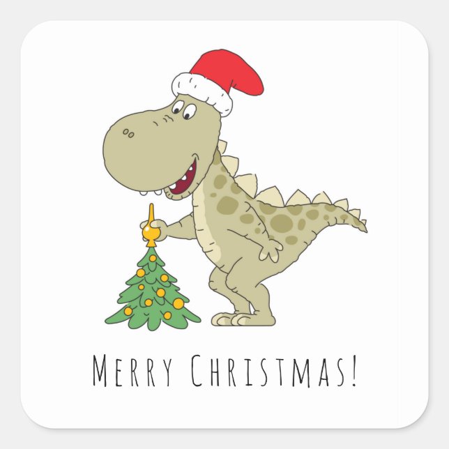 Merry Christmas Tree Cute Dinosaur Santa Hat Square Sticker (Front)
