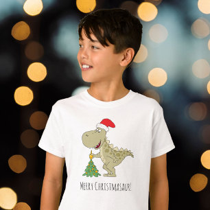 Merry Christmas Tree Cute Dinosaur Santa Hat T-Shirt