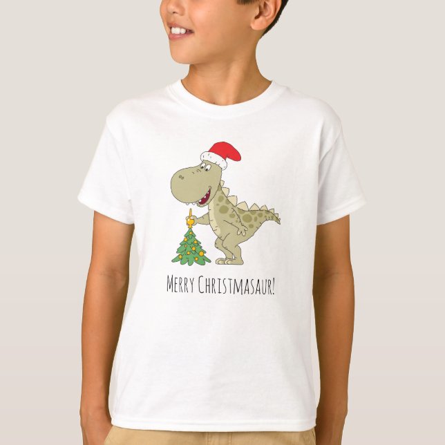 Merry Christmas Tree Cute Dinosaur Santa Hat T-Shirt (Front)