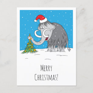 Merry Christmas Tree Cute Mammoth Santa Hat Holiday Postcard