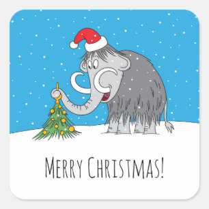 Merry Christmas Tree Cute Mammoth Santa Hat Square Sticker