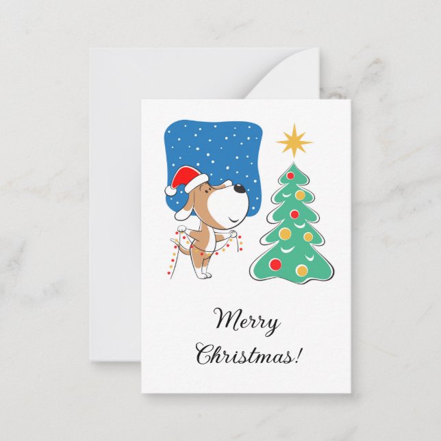 Merry Christmas Tree Cute Puppy Dog Santa Hat Card (Front)