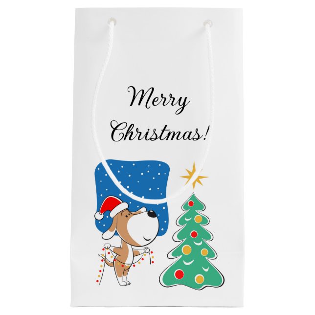 Merry Christmas Tree Cute Puppy Dog Santa Hat Small Gift Bag (Front)