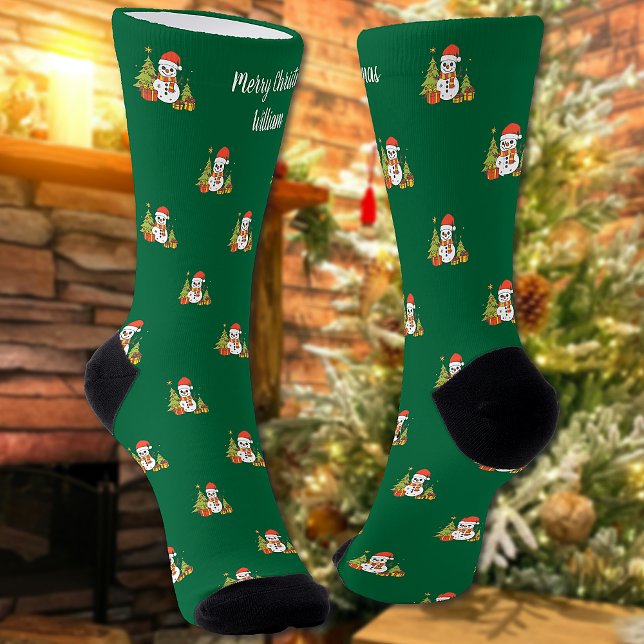 Merry Christmas Tree Cute Snowman Personalised Socks (Creator Uploaded)