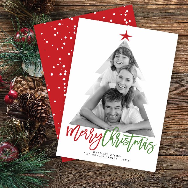 Merry Christmas Tree Cutout Brush Script Photo Holiday Card (Creator Uploaded)