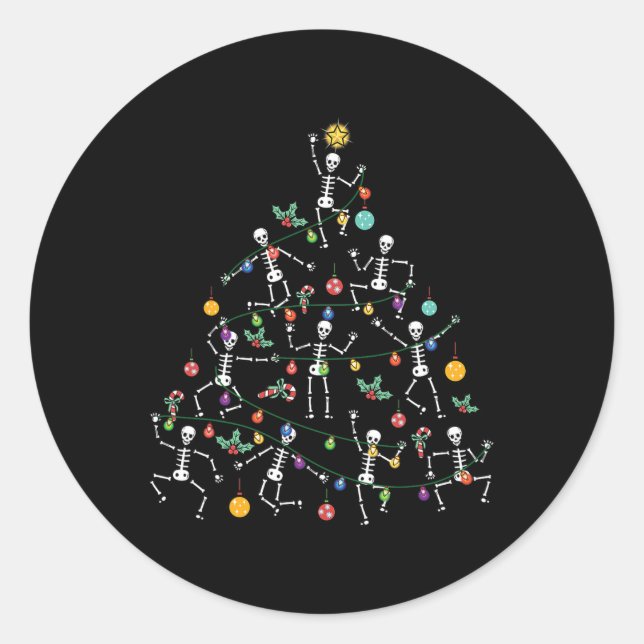 Merry Christmas Tree Dancing Skeleton Funny Hallow Classic Round Sticker (Front)