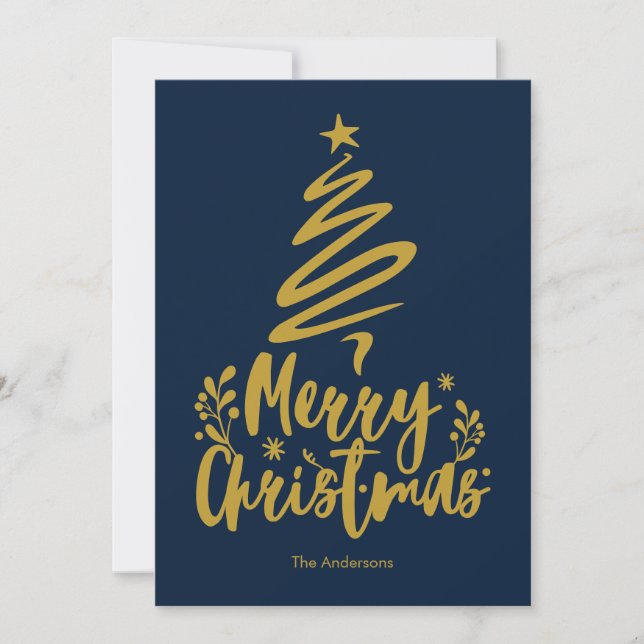 Merry Christmas Tree Dark Blue Christmas Card (Front)