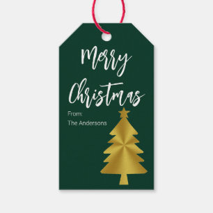 Merry Christmas Tree Dark Green and Gold Name Gift Tags