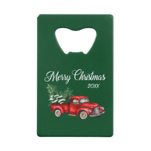 Merry Christmas Tree Date Vintage Red Truck Green