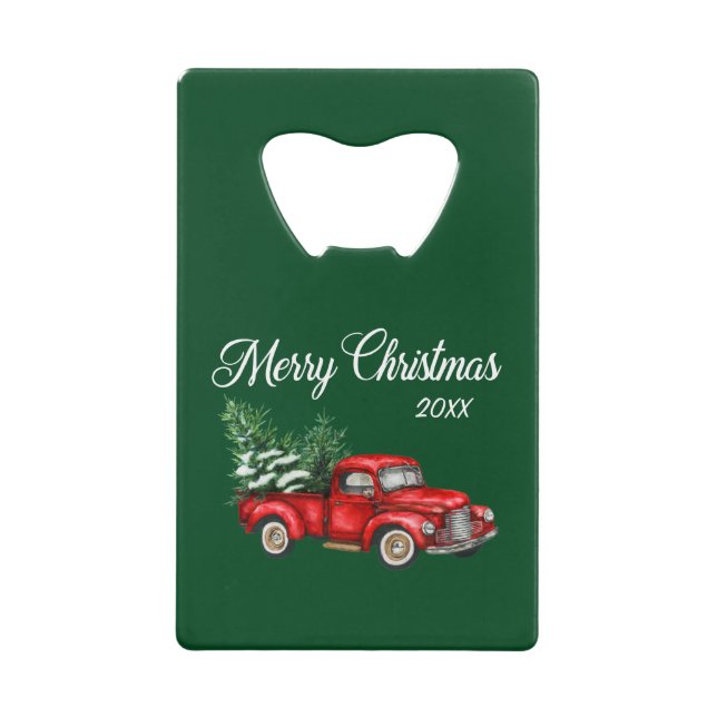 Merry Christmas Tree Date Vintage Red Truck Green (Front)