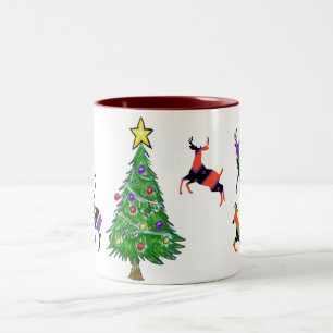 Merry Christmas Tree Deer Santa Holiday Two-Tone Coffee Mug