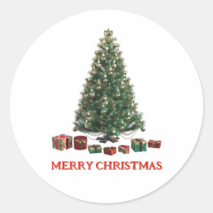 Merry Christmas. Tree (design 1) with gifts Classic Round Sticker