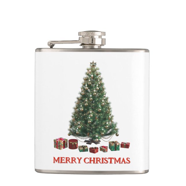 Merry Christmas. Tree (design 1) with gifts Hip Flask (Front)