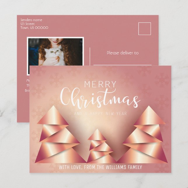 Merry Christmas Tree Dusty Pink Family Photo Holiday Postcard (Front/Back)