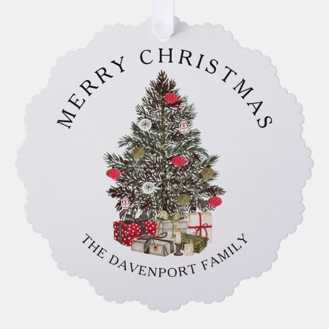 Merry Christmas  Tree & family photo Ornament Card (Front)